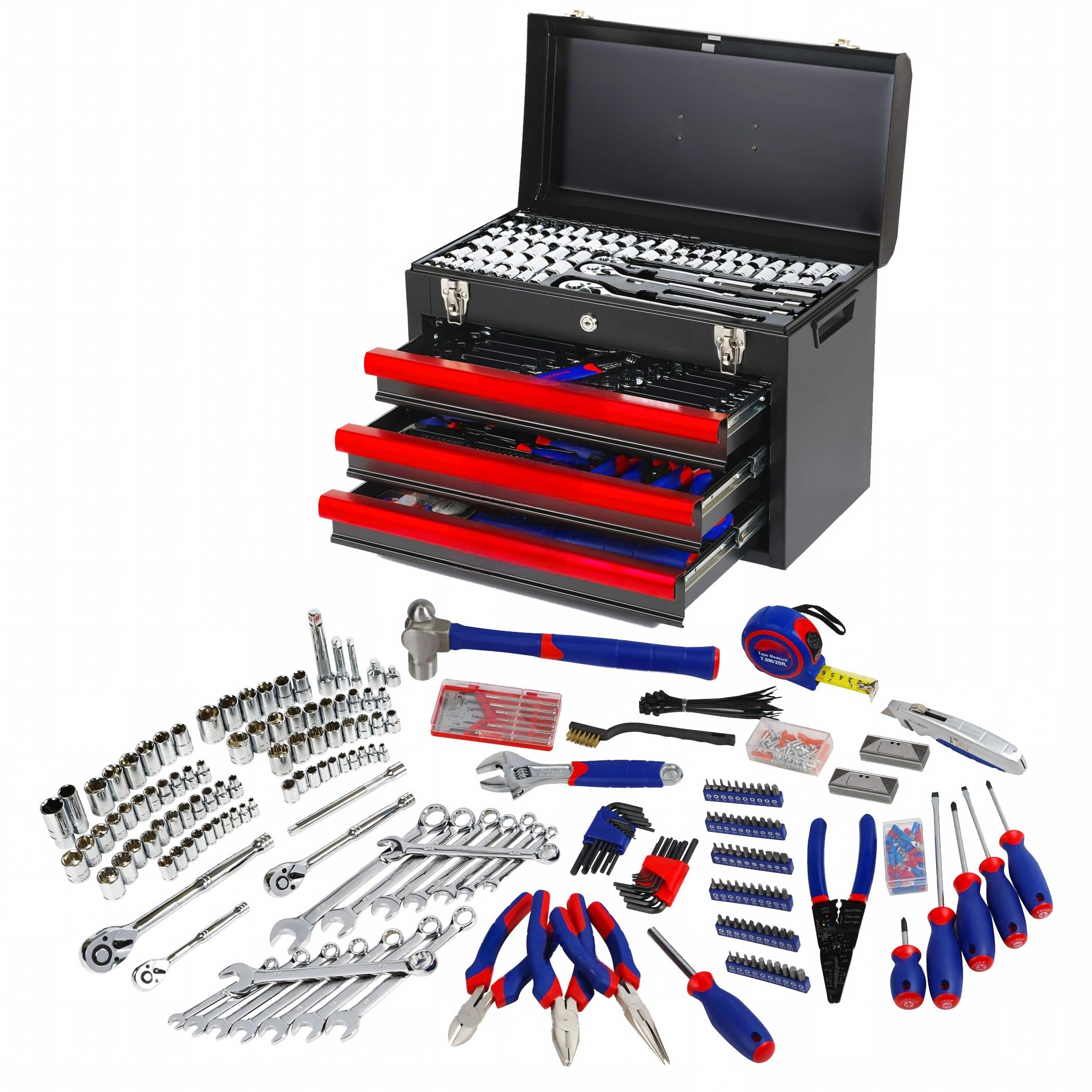 408-Piece Mechanics Tool Set, Chrome Vanadium Forged Tools, 3-Drawer Heavy Duty Metal Box