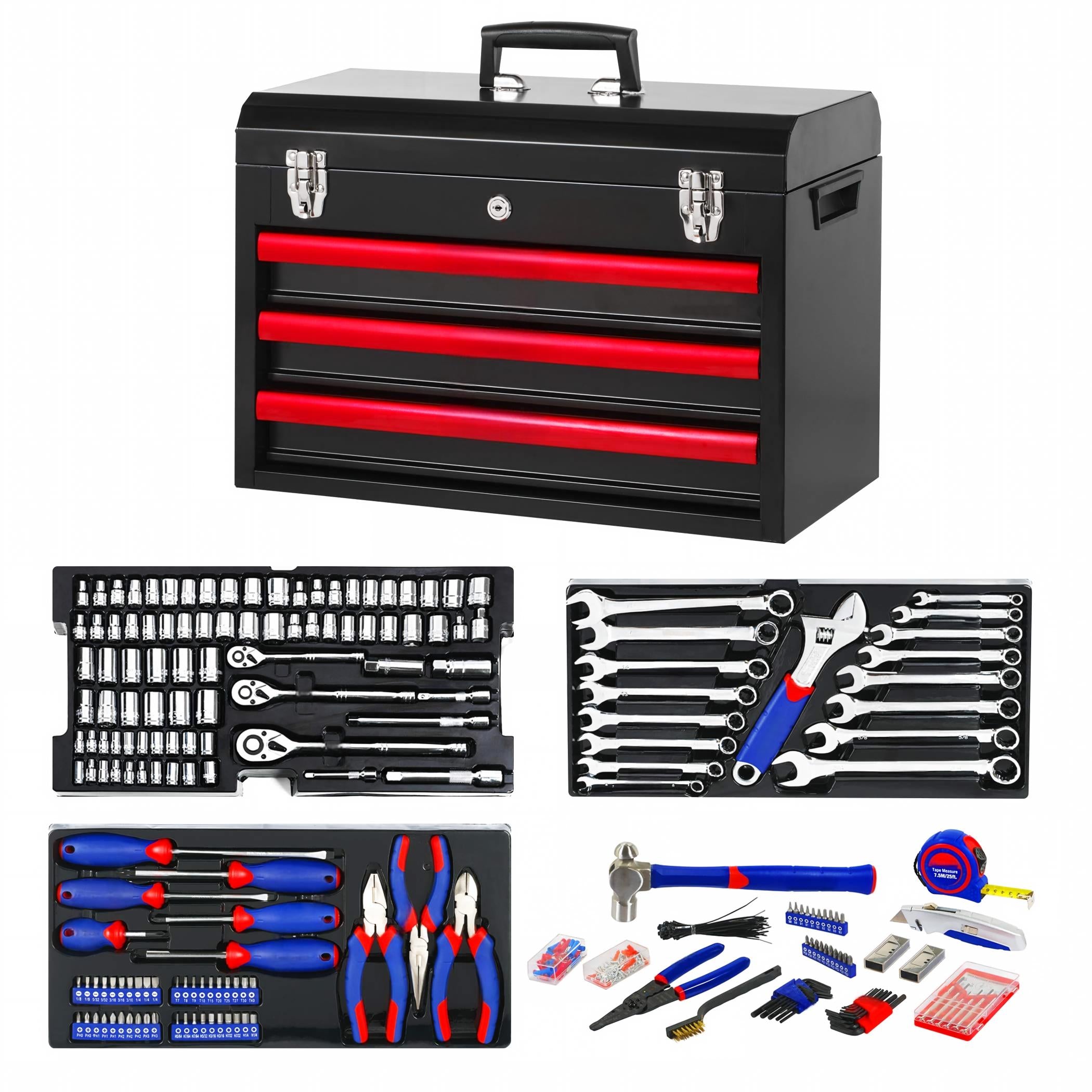 408-Piece Mechanics Tool Set, Chrome Vanadium Forged Tools, 3-Drawer Heavy Duty Metal Box